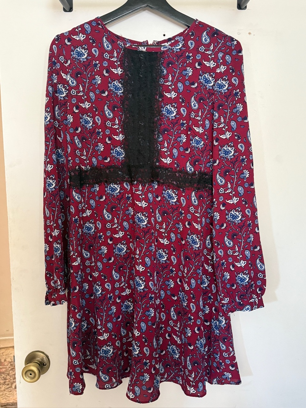 Lucy Paris Burgundy Floral Long-Sleeve Dress with Black Lace